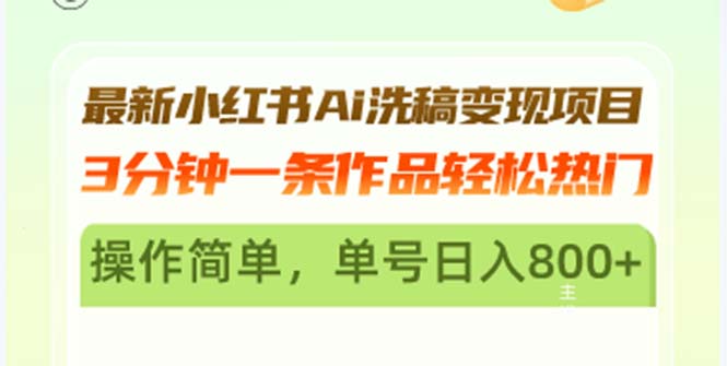 最新小红书Ai洗稿变现项目 3分钟一条作品轻松热门 操作简单，单号日入800+-皓收集 | 网创宝典