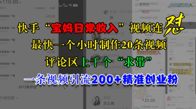 快手“宝妈日常收入”视频连怼，一个小时制作20条视频，评论区上千个“求带”，一条视频引流200+精准创业粉-皓收集 | 网创宝典