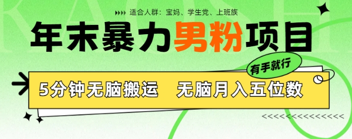 年末暴力男粉项目，5分钟无脑搬运，无脑月入五位数，举一反三，放大收益-皓收集 | 网创宝典