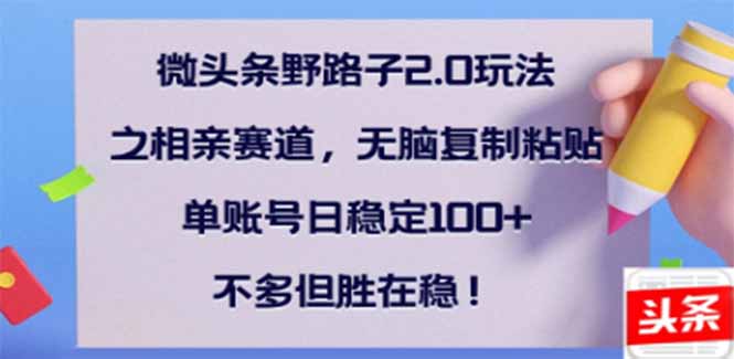 微头条野路子2.0玩法之相亲赛道，无脑搬砖复制粘贴，单账号日稳定300+…-皓收集 | 网创宝典