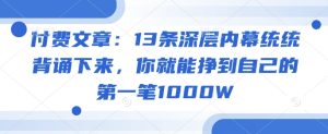 付费文章：13条深层内幕统统背诵下来，你就能挣到自己的第一笔1000W--皓收集 | 网创宝典