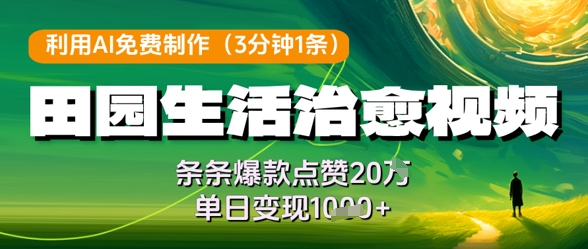 利用AI免费制作田园生活治愈视频，条条爆款点赞20W，单日变现几张--皓收集 | 网创宝典
