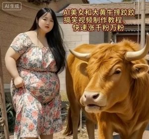 AI美女和大黄牛摔跤搞笑荒诞视频制作教程，快速涨千粉万粉--皓收集 | 网创宝典